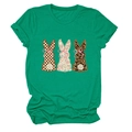 Detail of green cotton T-shirt featuring three rabbits with plaid and floral patterns - S / Dark Green