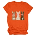 Detail of round neck orange T-shirt with plaid, floral and leopard print bunny graphics - S / Orange