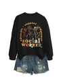 Detail of social worker floral print on black sweatshirt paired with denim shorts - S / Black