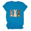 Detail of sky blue t-shirt featuring three rabbits with floral, plaid, and leopard patterns - M / Lake Blue