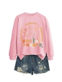 Detail of pink sweatshirt with Advocate Support Empower print and denim shorts - S / Pink