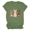 Detail of army green T-shirt featuring three bunny prints with plaid and floral patterns - S / Olive Green