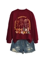 Detail of burgundy social worker sweatshirt with advocate print and distressed denim shorts - S / Burgundy