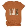 Detail of bunny prints in plaid, floral and leopard patterns on orange crew neck t-shirt - S / Burnt Orange