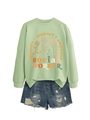 Close-up of sage green sweatshirt with social worker print and distressed denim shorts - S / Olive Green