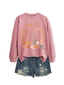 Detail of pink sweatshirt with floral print and denim shorts outfit set - S / Rose Gold