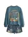 Detail of social worker graphic print on a blue sweatshirt with support empower slogan - S / Blue
