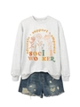 Flat lay of gray Social Worker sweatshirt with floral print and frayed denim shorts - S / Off-White