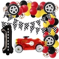 Rennwagen-Thema 1. Geburtstag Party-Ballon-Set mit rotem Auto und karierten Flaggen - Rennthema Nummer 1