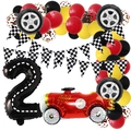 Rennwagen Geburtstagskit mit rotem Rennauto, Reifenballons und Nummer 2 Dekor - Rennthema Nummer 2