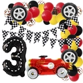 Rennwagen-Thema 3. Geburtstag Deko-Set mit Nummer 3 Ballon und Rennflaggen-Bannern - Rennthema Nummer 3