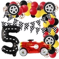 Racing theme birthday balloon set with black number 5, red race car, and checkered flags - Racing Theme Number 5