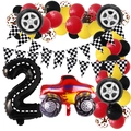 Addobbi 2° compleanno tema corse con bandiere a scacchi e set di palloncini truck - Numero 2