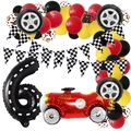 Racing party set with number 6 foil balloon, tire balloons and checkered flag banners - Racing Theme Number 6