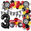 Set festa 3° compleanno auto da corsa con camion rosso, bandiere e palloncini numeri - Numero 3