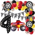 Set 4° compleanno a tema auto da corsa con bandiere a scacchi, palloncini e camion - Numero 4