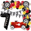 Racing party set featuring giant number 7 balloon with tire and vintage car foil balloons - Racing Theme Number 7