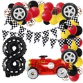 Racing party set featuring giant number 8 foil balloon, red car, and checkered banner - Racing Theme Number 8