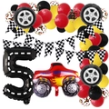 Racing theme 5th birthday decor set with tire balloons and checkered flags - Number 5 Style