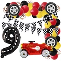 Racing party set featuring latex balloons, checkered banners, and tire foil decorations - Racing Theme Number 9