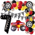 Racing theme birthday balloon set with red monster truck, number 7, and checkered flags - Number 7 Style