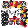 Racing themed 8th birthday set with checkered flags and red monster truck balloon - Number 8 Style