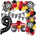 Racing car themed birthday set with monster truck, tire balloons, and checkered pennants - Number 9 Style