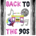 Detail eines 90er-Disco-Ballon-Sets mit Radio, Musiknoten und Fransenvorhängen - Schwarzer Regenvorhang Musiknoten Set