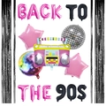 Retro disco party balloon set with radio shape and Back to the 90s slogan balloons - Black Rain Curtain Star Set