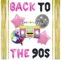 Retro 90s party set featuring boombox balloon, disco ball, and Back To The 90s gold foil decor - Gold Rain Curtain Star Set