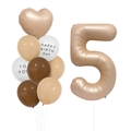 Detail of cream white birthday balloon set with number five and heart shaped foil balloon - Number 5