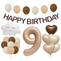 Caramel white 9th birthday balloon set with number nine and happy birthday banner - Number 9