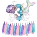 Meerjungfrau Party Dekoset mit Muschel, Fischschwanz, Nummer 3 Ballon und bunten Quasten - Lila Set 3
