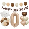 Boho birthday set with caramel balloons, happy birthday banner and number 0 foil balloon - Number 0