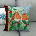 Christmas robin birds and red berries on linen pillowcase with plaid ribbon edge - 45x45cm / Robin on Berry Branch Style (24)