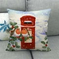 Housse de coussin en lin avec motif aquarelle d'oiseaux de Noël et boîte aux lettres - Boîte Postale Rouge et Rouge-gorges (7)