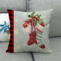 Christmas stocking and snowflake print linen pillowcase with red buffalo plaid border - 45x45cm / Christmas Stocking with Berries Style (26)