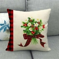 Christmas pillowcase with watercolor bird and pine cone on linen texture fabric - 45x45cm / Christmas Bouquet with Bow Style (20)