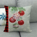 Square linen Christmas pillow cover with blue background and red plaid ornaments - 45x45cm / Christmas Baubles Style (28)