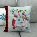 Christmas watercolor linen pillowcase featuring red stockings and skates on blue - 45x45cm / Christmas Skates and Sock Style (29)