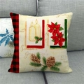 Christmas bird watercolor linen pillow cover with candle and red poinsettia pattern - 45x45cm / Candle and Poinsettia Style (33)