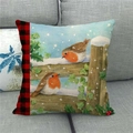 Linen Christmas pillow case featuring watercolor robins and red plaid side trim - 45x45cm / Robin and Ivy Fence Style (17)