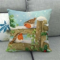 Housse de coussin de Noël en lin avec rouge-gorges à l'aquarelle sur une clôture - Deux Rouge-gorges sur Clôture Enneigée (17)