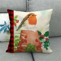 Linen Christmas pillow cover with watercolor robin bird and red plaid pattern design - 45x45cm / Robin Vintage Pastoral Style (19)