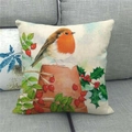 Housse de coussin en lin carrée avec motif de rouge-gorge et houx de Noël - Rouge-gorge avec Pot en Terre Cuite (19)