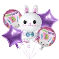 Osterballon-Set mit großem weißem Hasen, rosa Rundballons und lila Sternen aus Folie - Lila Großäugiger Hase Stil A