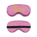 Detail showing the adjustable elastic strap and golden Bride text on pink satin eye mask - Pink Gold Foil BRIDE with Crown (Style 12)