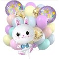 Easter balloon set with white bunny foil balloon and Happy Easter purple round balloons - Easter Rabbit Macaron Style