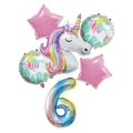 Regenbogen Einhorn Zahl 6 Ballon Set mit Sternen und runden Folienballons - Nummer 6 Stil
