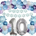 Blue and purple Frozen snowflake theme 10th birthday party set with number 10 balloon - Silver Double Number